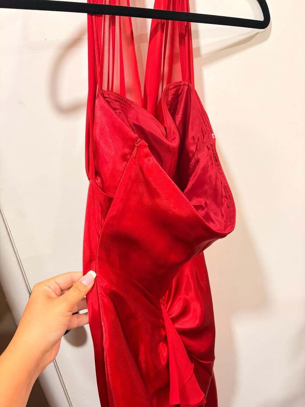 Betsy & Adam Vintage Y2K Red Satin Halter Evening Gown with Ruffles - Picture 8 of 9